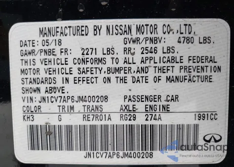 2018 Infiniti Q50 2.0T Pure z USA, uszkodzony, nr VIN JN1CV7AP6JM400208